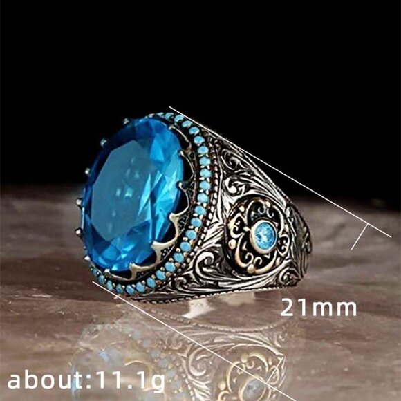 🎁Ethnic Bohemia Style With Big Blue Oval CZ vintage Ring, MLNN1381 - Picture 3 of 4